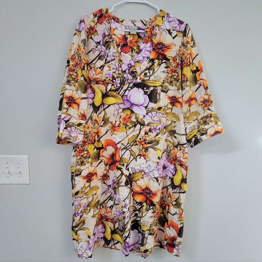 NWOT Chico's Linen Floral Shift Dress Women's Size 8-10 Resortwear Luxury Coast